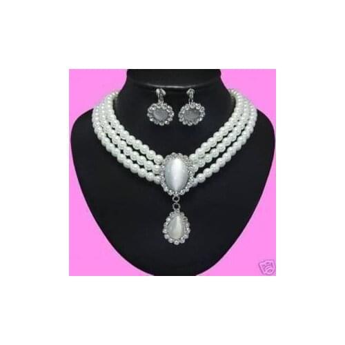Lovely Ladys White Opal Pendant 3 Rows wht Pearl Necklace Earrings color Fashion woman word wholesale