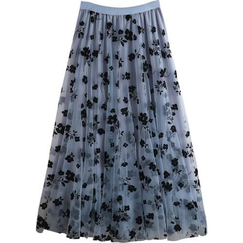 Summer Tulle Print Skirts Womens Blue Mesh Pleated Long Skirt Ladies Elastic High Waist Midi Skirt 2020 Fashion Autumn Womens