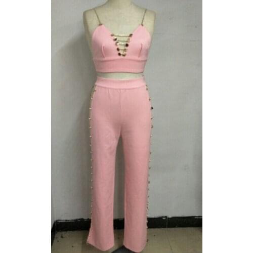 Summer Blush Pink Sets Women Sexy Hollow Out Open Sides Tops&Pants 2 Two Pieces Set Night Out Celebrity Evening Party Set