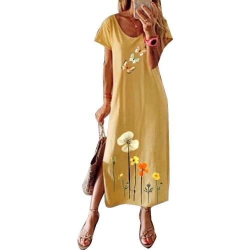 Fashion Women Dresses Plus Size Casual Short Sleeve Butterfly Floral Print Slitting Hem Loose Long Summer Dress женское платье