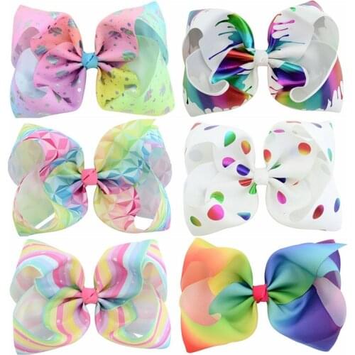 Girls Hair Clip Large Rainbow Colorful Bowknot Print Grosgrain Ribbon Hair Bows Clip Kids Handmade Hair Accessory Hairpins