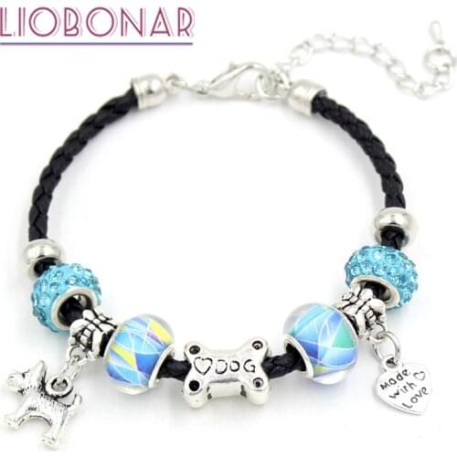 New Arrival Resin Bead Braid Leather Bracelet Animal Pet Dog Bone Charms Bangle&Bracelets for Women Jewelry Gift Bijoux Pulsera