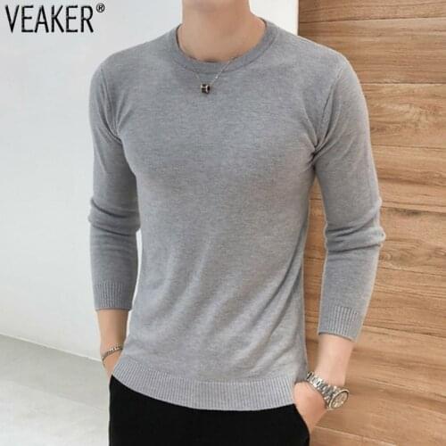 2020 Autumn Mens Slim Fit Pullover Sweaters Male Solid Color O-Neck Sweater Black White Knitted Pullover Tops S-2XL