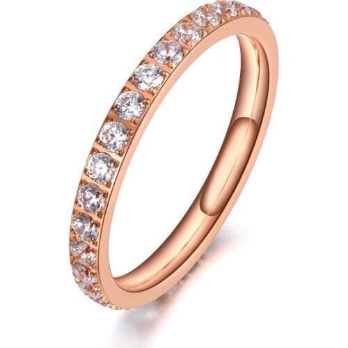 Sparkling Titanium Stainless Steel Rhinestone Ring Jewelry Luxury Rose Gold CZ Crystal Wedding Ring For Women R19144