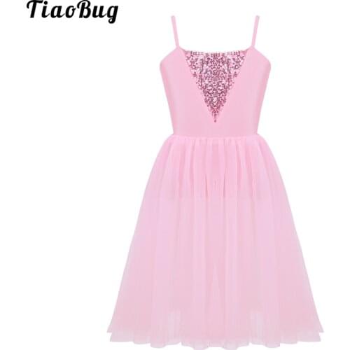 TiaoBug Kids Girls Spaghetti Shoulder Straps Sequins Mesh Ballet Dance Gymnastics Leotard Dress Fancy Stage Performance Costume