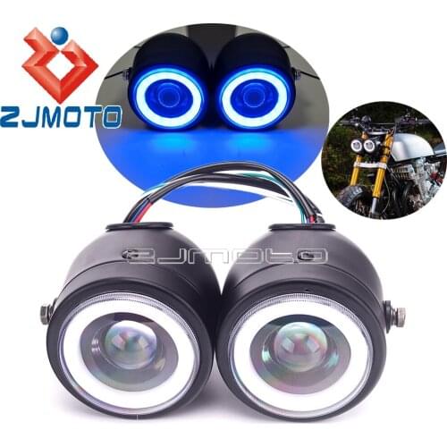 Cruiser Motorcycle Twin Headlight LED Cafe Racer Dual Headlamp Side Mount Blue Running Light For Harley Cross Bones Honda Yamaha