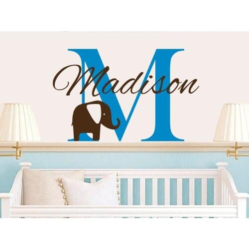 Vinyl Wall Decals For Boys Room Decor Custom Personalized Baby Boys Name With Lovely Eephants And Initial Art Sticker D-324