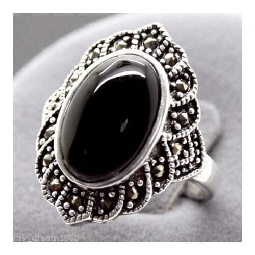 Vintage 17X22MM Oval Black Agate Marcasite 925 Sterling Silver Ring 6/7/8/9