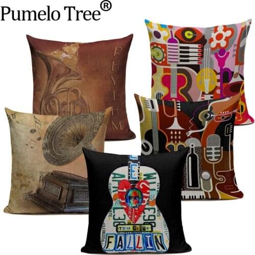 Vintage Creative Cartoon Musical Instruments Cushion Cover Fashion Retro Decoration Cotton Linen Throw Pillow Cover Great Gift