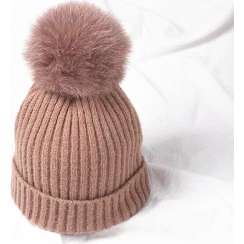 KNB044 Women Wool Rabbit Blend Knitted Beanies Skullies Winter Warm Fox Fur pom pom Caps Knit Hat Gorros Bonnet Hats