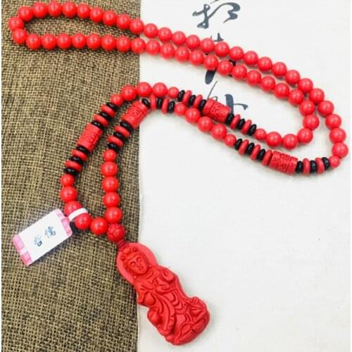 Zheru Jewelry Natural Cinnabar Carved Good Fortune Station Guanyin Pendant with Tri-Color Bead Necklace Sweater Chain