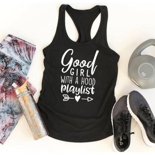 Women Racerback Graphic Gym Tanks Casual Workout Shirt Vest Good Girl with A Hood Playlist Arrow Printed Tank Tops