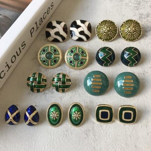 S925 for Women Korean Earring Vintage Enamel Green Baroque Pearl Flower Geometric Round Oval Stud Earring Exquisite Jewelry