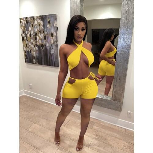 Summer Two Pieces Shorts Sets Solid Color Street Club Wear Womens Cross Halter Bustier Crop Tops+High Waist Shorts Party Outfit