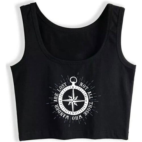 Crop Top Female Nautical Not All Who Wander Are Lost Compass Kawaii White Cotton Tops Women