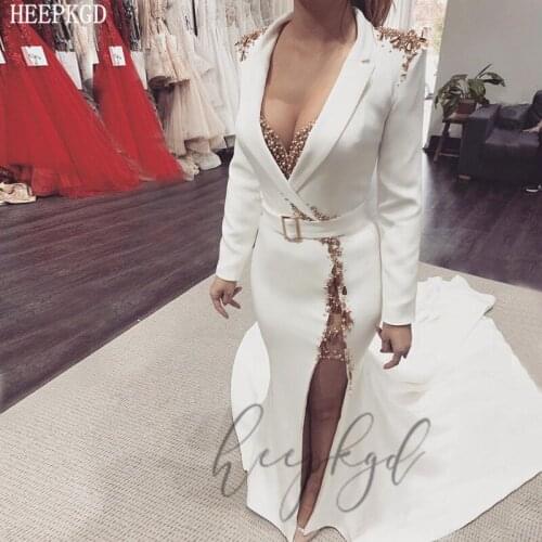 New Design Long Sleeves White Saudi Arabic Evening Dress Golden Beads Backless Side Slit Sexy Wedding Party Gowns Robe De Soiree