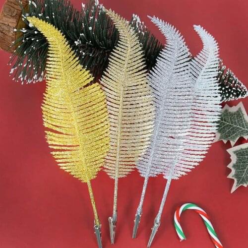 1pc Artificial Fern Leaf Gold Silver Glitter Plastic Leaves Simulation Plants For Home Decor Christmas Festival Party Decoration