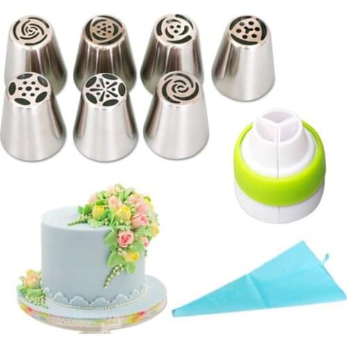 7PCS Russian Piping Tips and 1 Adaptor 1 Silicone EVA Bag Cake Stainless Steel Tulip Icing Nozzle Converter Pastry Decorating