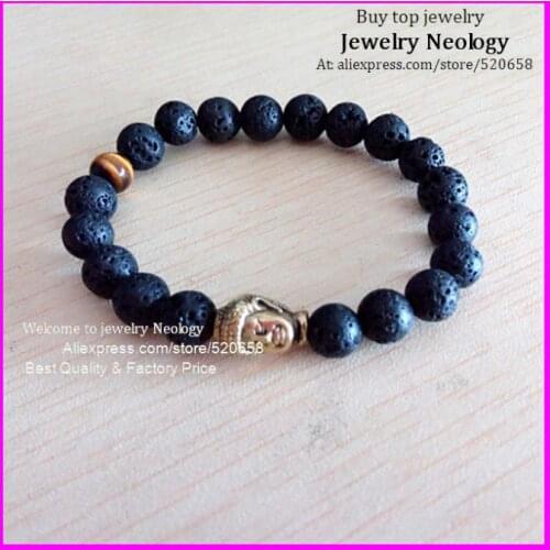 Free ship 10pcs Lava stone bead metal buddha head charm bracelet wholesale, yoga lava bead with tiger eye bracelet