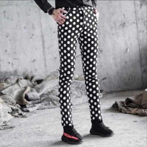 Nightclub Singer Performance Pants Men Slim Hit Color Feet Pants Personality Wave Point Printing Trousers Hair Stylist Dot Pants