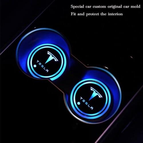 For Tesla Model 3/S/X Car Interior 2Pcs USB Charging Colorful Intelligent Led Water Cup Luminous Coaster Car Atmosphere Light