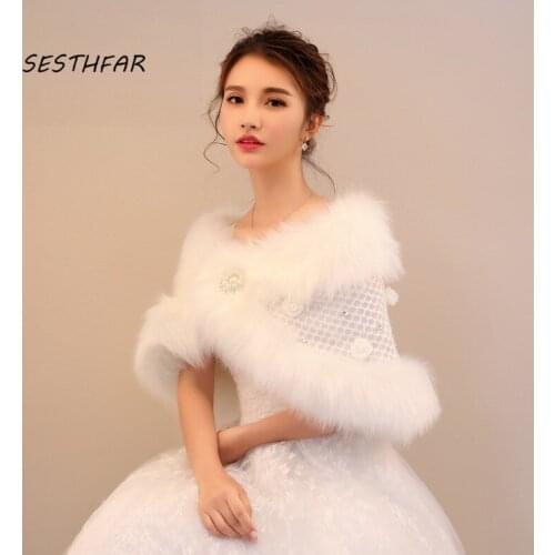 Women Wedding Shawl New Faux Fur Crystal Wedding Wrap Bridal Cape Bridal Wrap Shrug Stole Cape PJ038