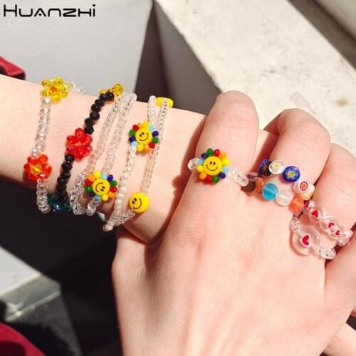HUANZHI 2021 New Korean Sunflower Rainbow Color Smiley Face Clear Acrylic Pearl Handmade Beads Bracelet for Women Girls Jewelry