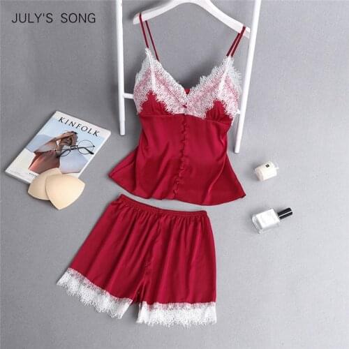 JULYS SONG New Women Lace Sleeveless Sling and Shorts Womens Sleepwear Sexy Satin Pajama Set Spring Summer Pajama