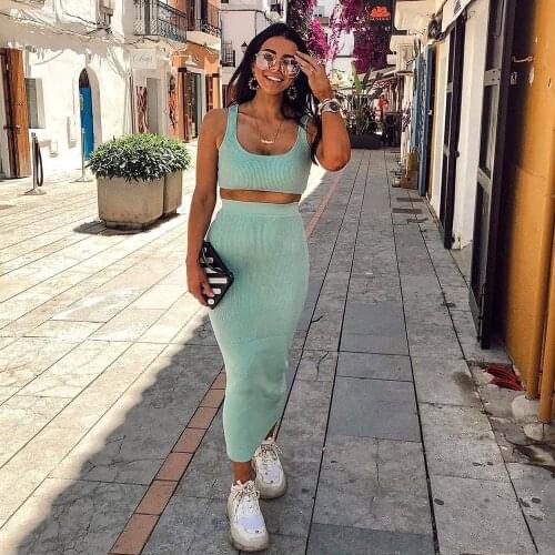 Two Piece Set Women Winter Ribbed Crop Top and Skirt Set Matching Sets Two Pieces Outfits Solid Clothing for Girls Dropshipping