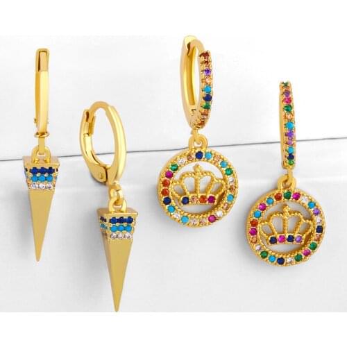 Gold Small Crown Earrings For Women 2021 Rainbow Drop Earring CZ Cones Earrings Fashion Jewelry aretes largos dama erss08
