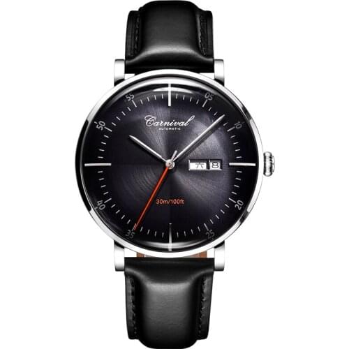 Carnival Mens Multifunction Genuine Leather Strap Waterproof Automatic Self-Wind Mechanical Watch With Dual Calendar Week Date