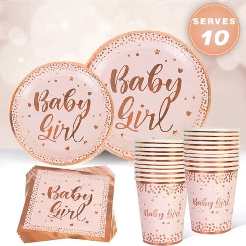 Baby Shower Rose Gold Pink Disposable Tableware Set Paper Plate Cups Kids Girl Birthday Party Decoraton Supplies Gender Reveal