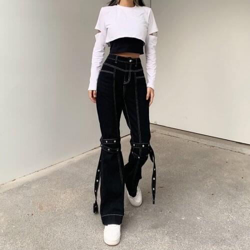 2021 Spring Autumn New Fashion Gothic Trousers Women Eyelet Element Bandage Decoration High Waist Demin Pants Street Indie Jeans