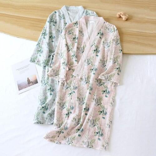 New Womens Crepe Gauze Kimono Long Robes Long-sleeve Print Sleepwear Loose Bathrobe Home Clothes Sleep Tops Cotton Night Gown