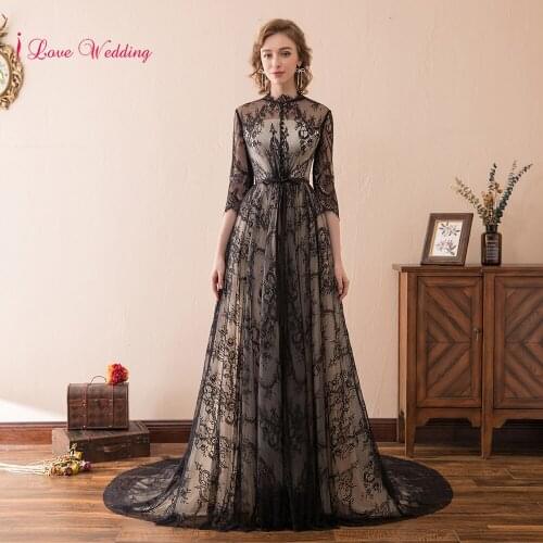 New Arrival Black Lace Evening Dress With Sleeve O Neckline Lace Applique Woman Party Evening Gown Three Quarter Long Dress