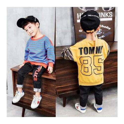 Boy Clothing Suit Baby Baby Clothing Letter Print Striped Cotton Long-sleeved T-shirt Jeans Boy suit