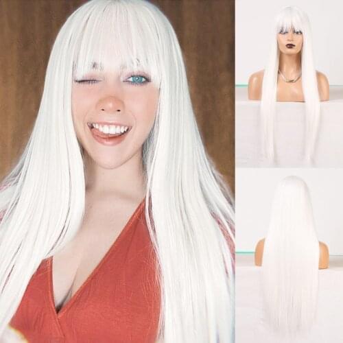 White Color Full Bangs Synthetic Wig for Women Girls Synthetic Machine Made Wig Silky Straight Hair Glueless