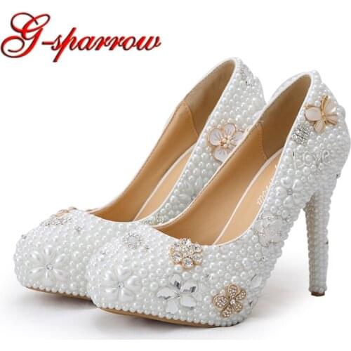 Luxury Handmade Crystal Pearl Wedding Shoes White Pearl Bride Dress Shoes with Diamond Coming-of-Age Ceremony Party Pumps