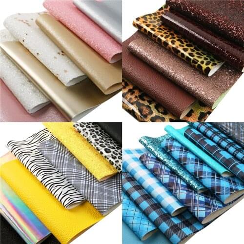 Shimmer Chunky Glitter Faux Leather Sheets Leopard Plaid Zebra Pattern Printed Synthetic Leather Fabric Set for DIY Handmade
