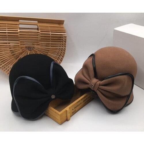 19 new winter wool, big bowknot fisherman bucket hats female elegant aristocratic ladies basin hat