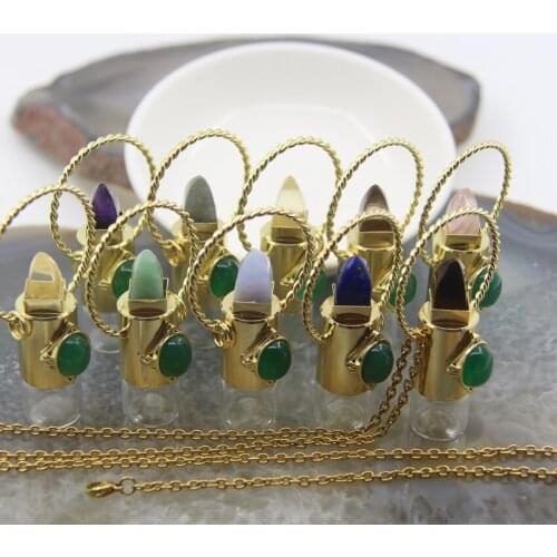 Natural Quartz Crystal Bullet Perfume Bottle,Plating Gloded,Energy Gemstone Roller Essential Oil Diffuser Vial Pendants Chains