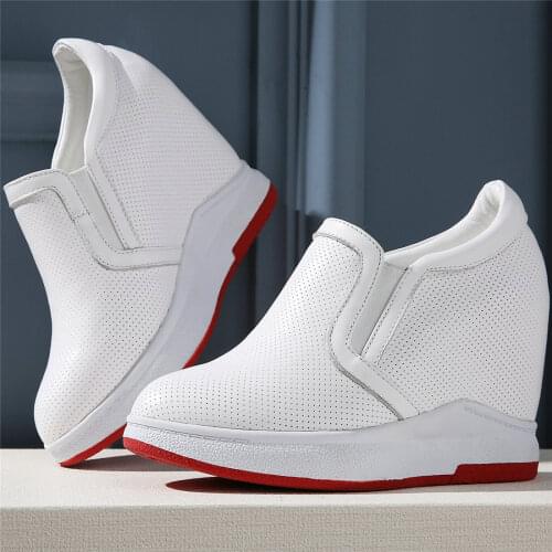 Plus Size Fashion Sneakers Women Breathable Genuine Leather Wedges High Heel Ankle Boots Female Round Toe Creepers Casual Shoes