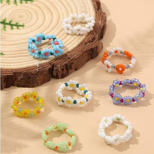 Korean Style Female Trendy Handmade Beaded Multicolor Glass Beads Flower Rings For Women Girls Elastic Rope Adjustable Ring Gift