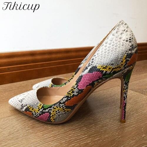 Tikicup Snake Pattern Embossed Women Sexy Pointed Toe High Heels Shoes 12cm 10cm 8cm Ladies Stiletto Pumps Plus Size 34-45