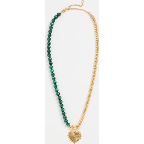 Lady gold half links chain Malachite lapis beads natural stone heart pendant necklace women fashion charm neck accessories 2021