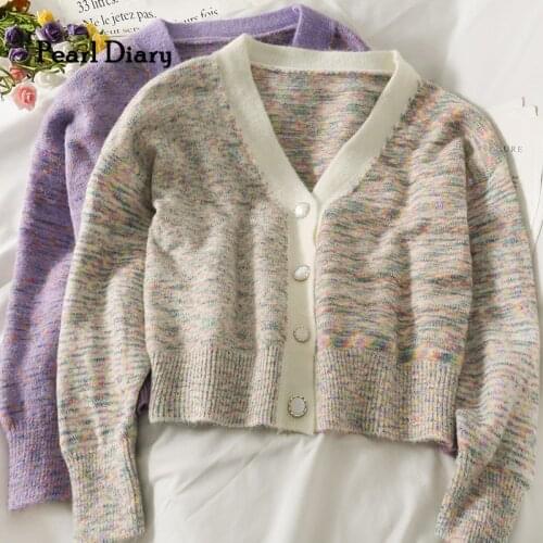 Pearl Diary Women Autumn Winter Warm Cardigans V Neck Buttons Front Long Sleeve Crop Cardigans Colored Color Heather Grey Tops