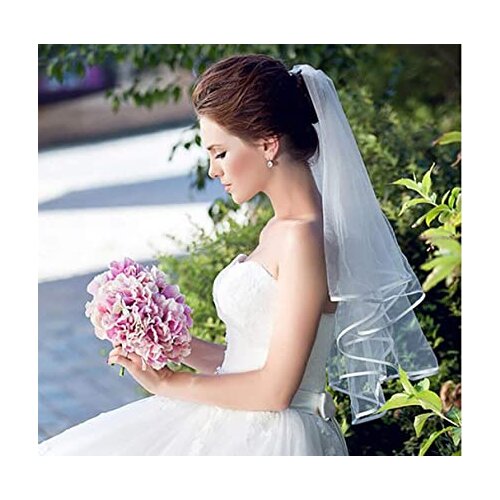 White Double Ribbon Edge Center Cascade Bridal Wedding Veil with Comb 2023
