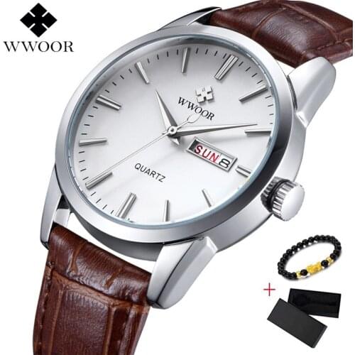 Luxury Watch Men Day Date Watch Men Leather Sport Watches Male Casual Quartz Mens Wristwatches WWOOR Clock Free Box 2019