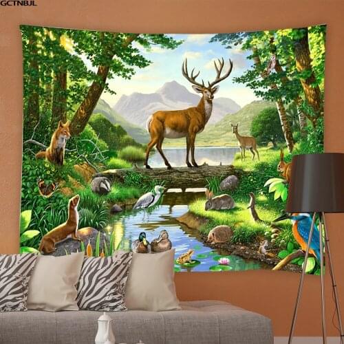 Wild Animal Tapestry Tiger Deer Elk Leopard Elephant Parrot Landscape Wall Hanging Tapestries Living Room Bedroom Backdrop Cloth