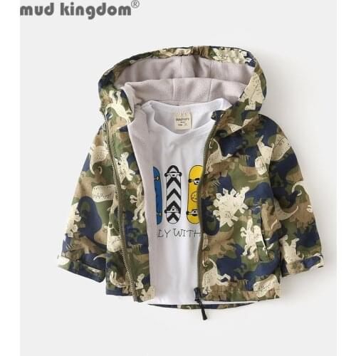 Mudkingdom Boys Fleece Coat Casual Cartoon Dinosaur Hooded Windbreaker Long Sleeve Zipper Slant Pocket Outerwear Autumn Winter